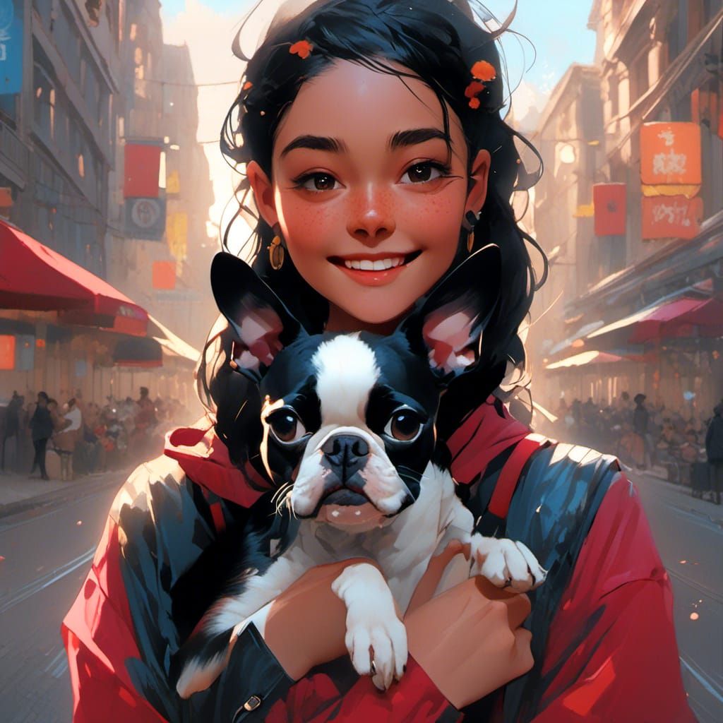 Teenager with Boston Terrier Portrait in Hyperrealistic Styl...
