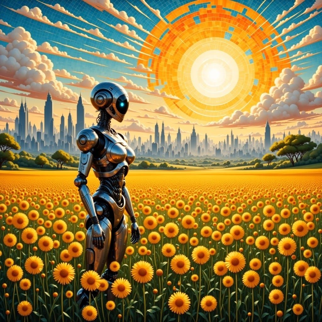 Robot in Dandelion Field with Dystopian Cityscape