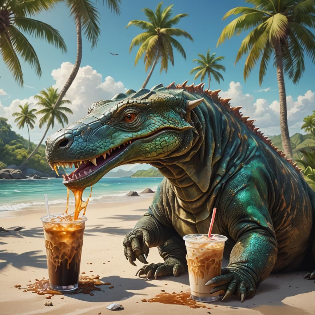 Anthropomorphic Komodo Dragon Sipping Coffee on Tropical Bea...