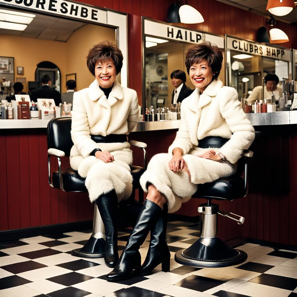 Businesswomen in Fuzzy Suits at the Barber Shop
