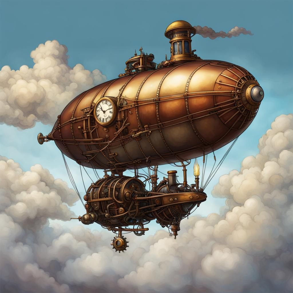 Steampunk Blimp Soaring Above Clouds: Splash Art