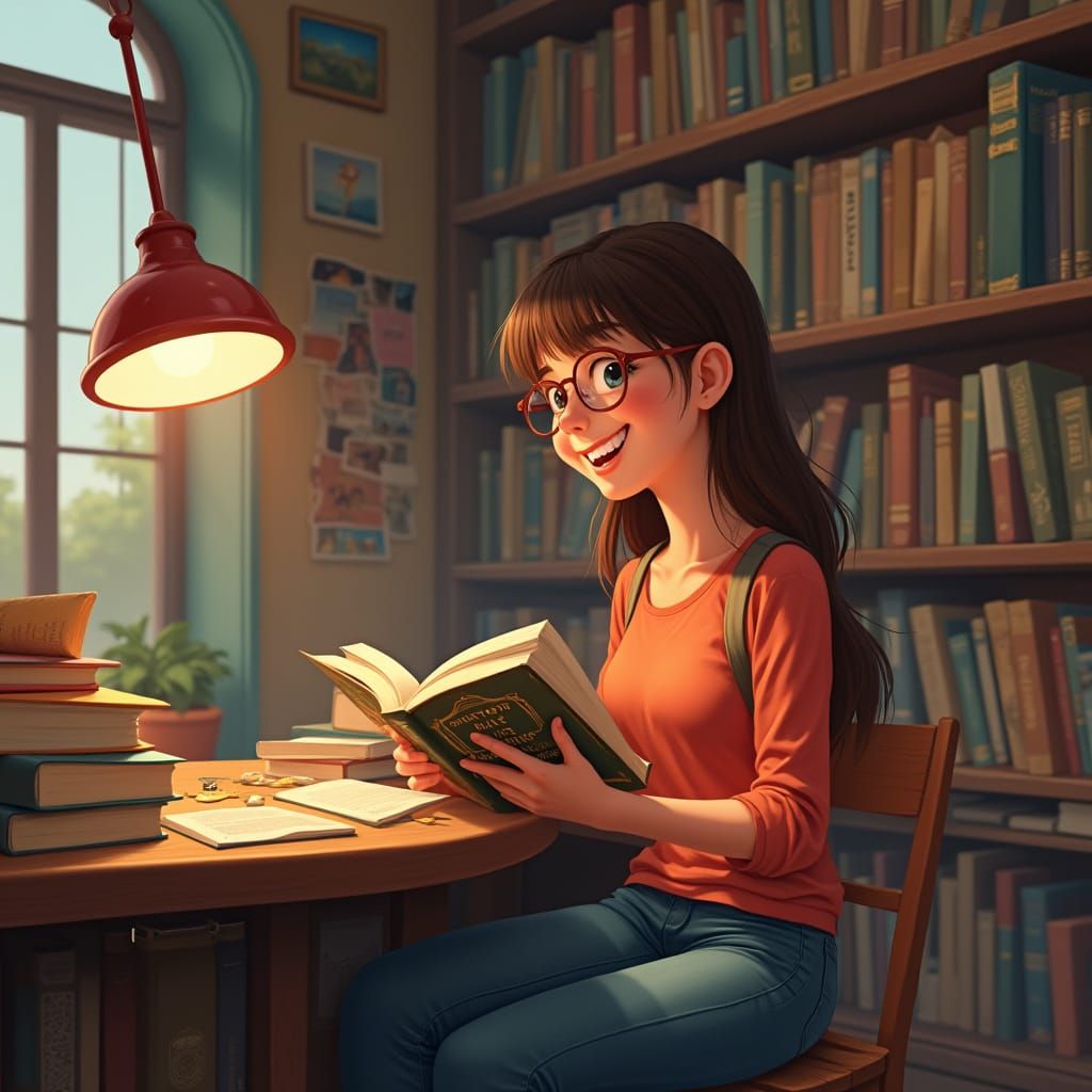 Girl Recommends Book in Cozy Bookstore, Digital Art