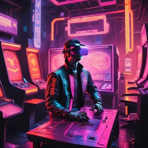 VR Gamer in Futuristic Arcade with Neon Highlights