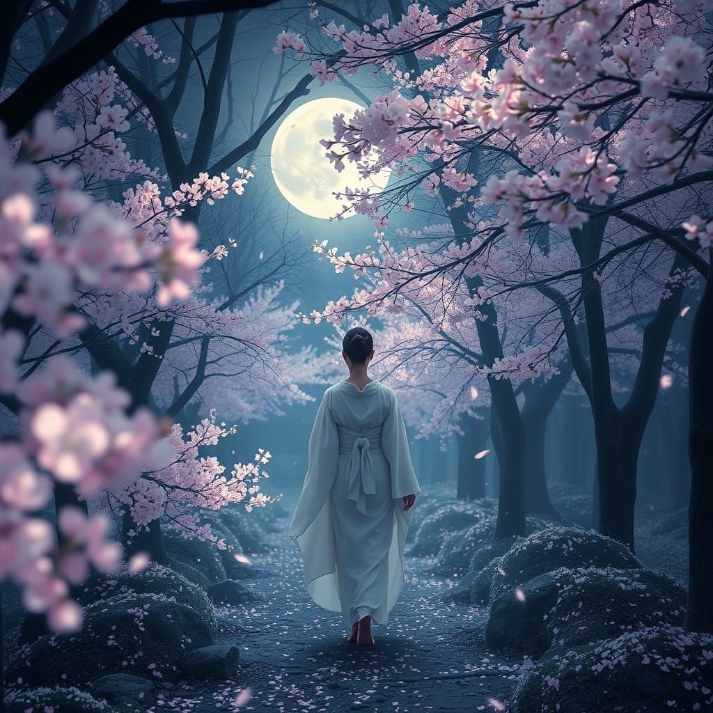 Ethereal Woman Among Glowing Cherry Blossoms