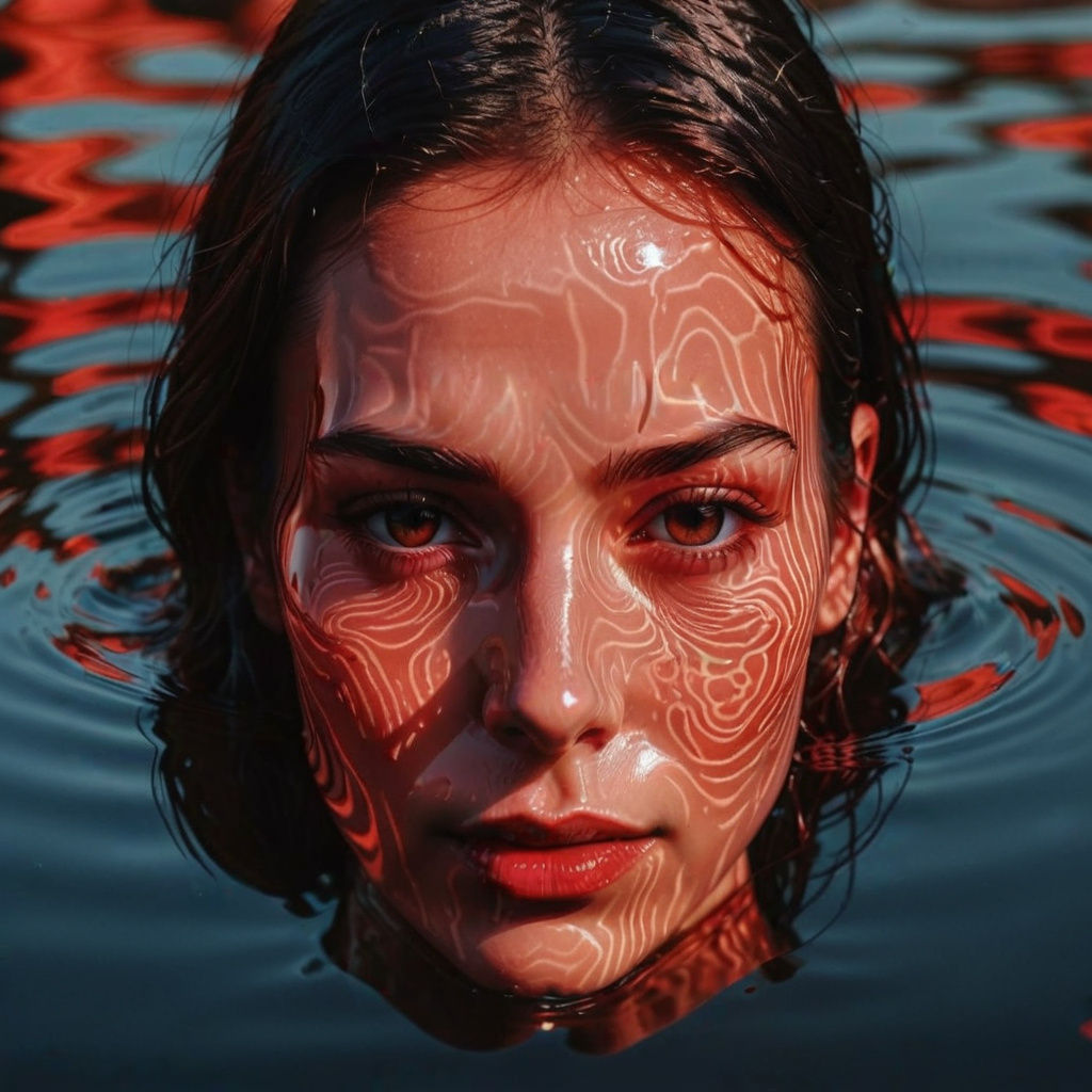 Girl's Face Reflected in Red Water