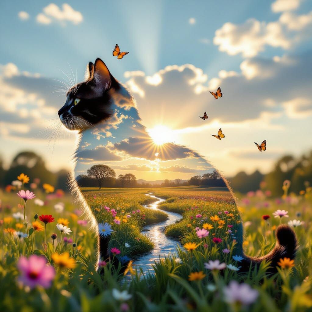 Surreal Cat Silhouette Filled With Spring Meadow Imagery