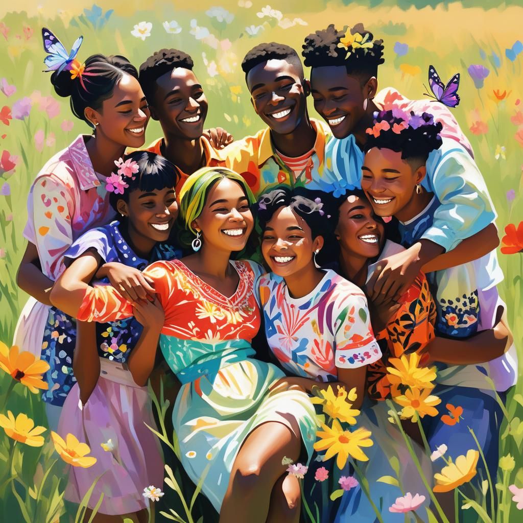 LGBTQ+ Friends Embrace in Fauvist Meadow