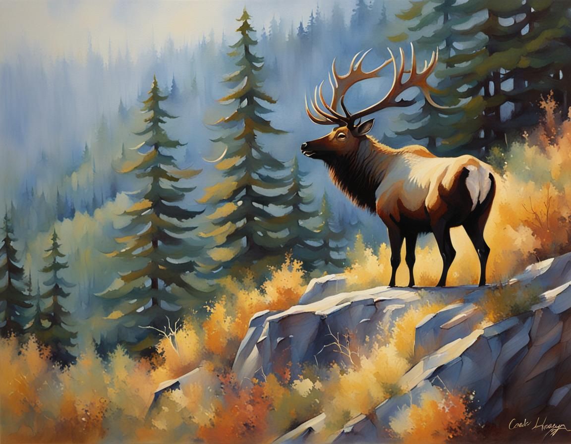 Majestic Elk on Forest Cliff, Hagan Style Painting