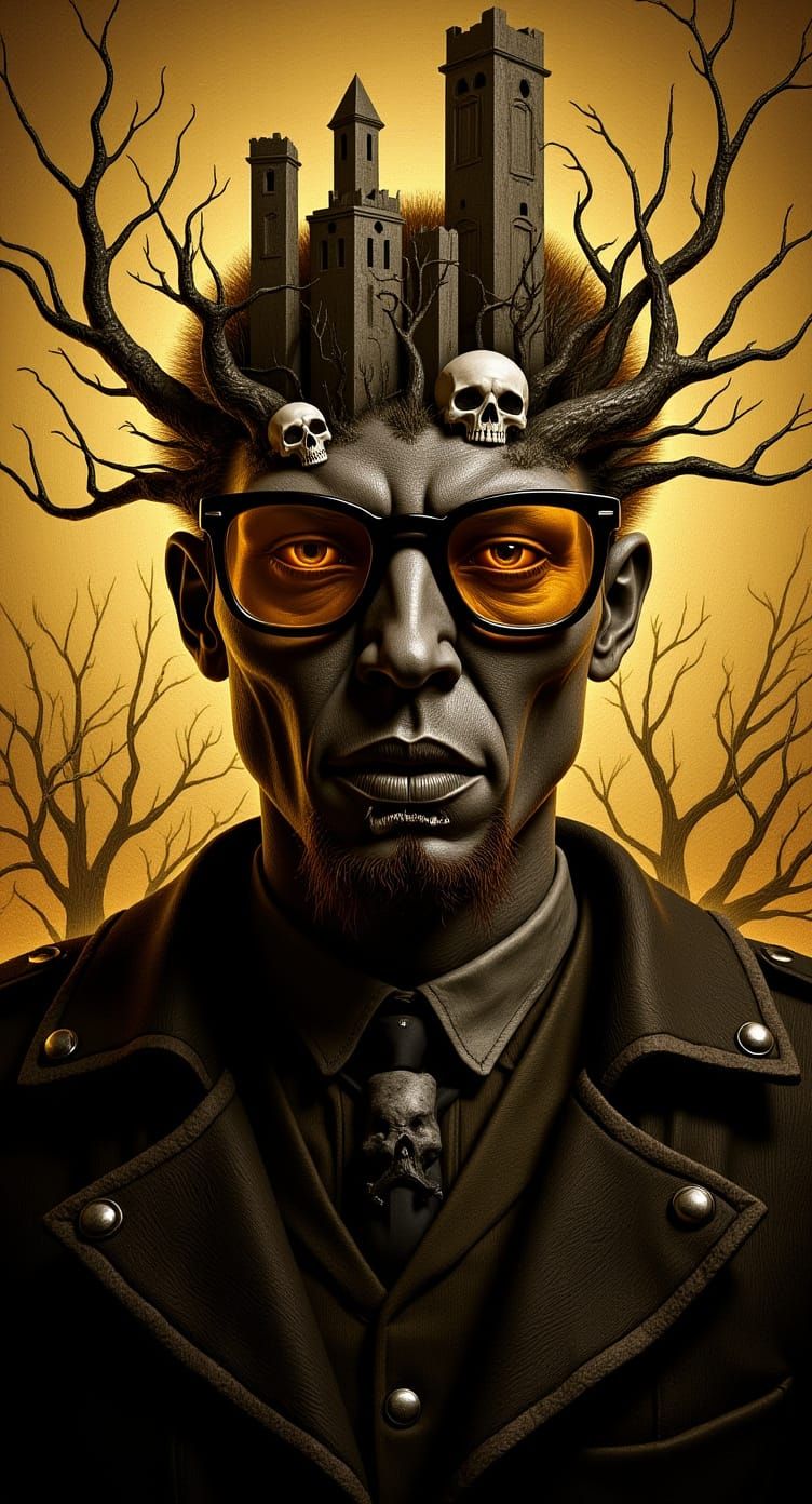 a face partially formed by intricate black and white element...