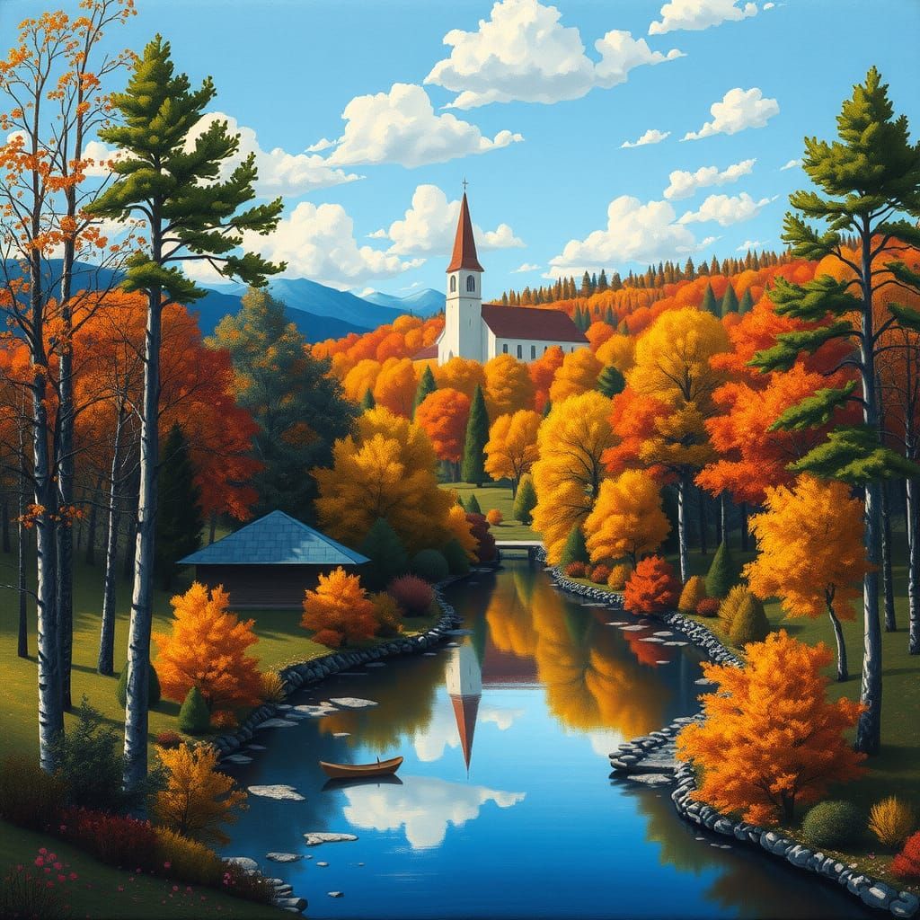 Autumn Landscape Painting in Retro Surreal Style