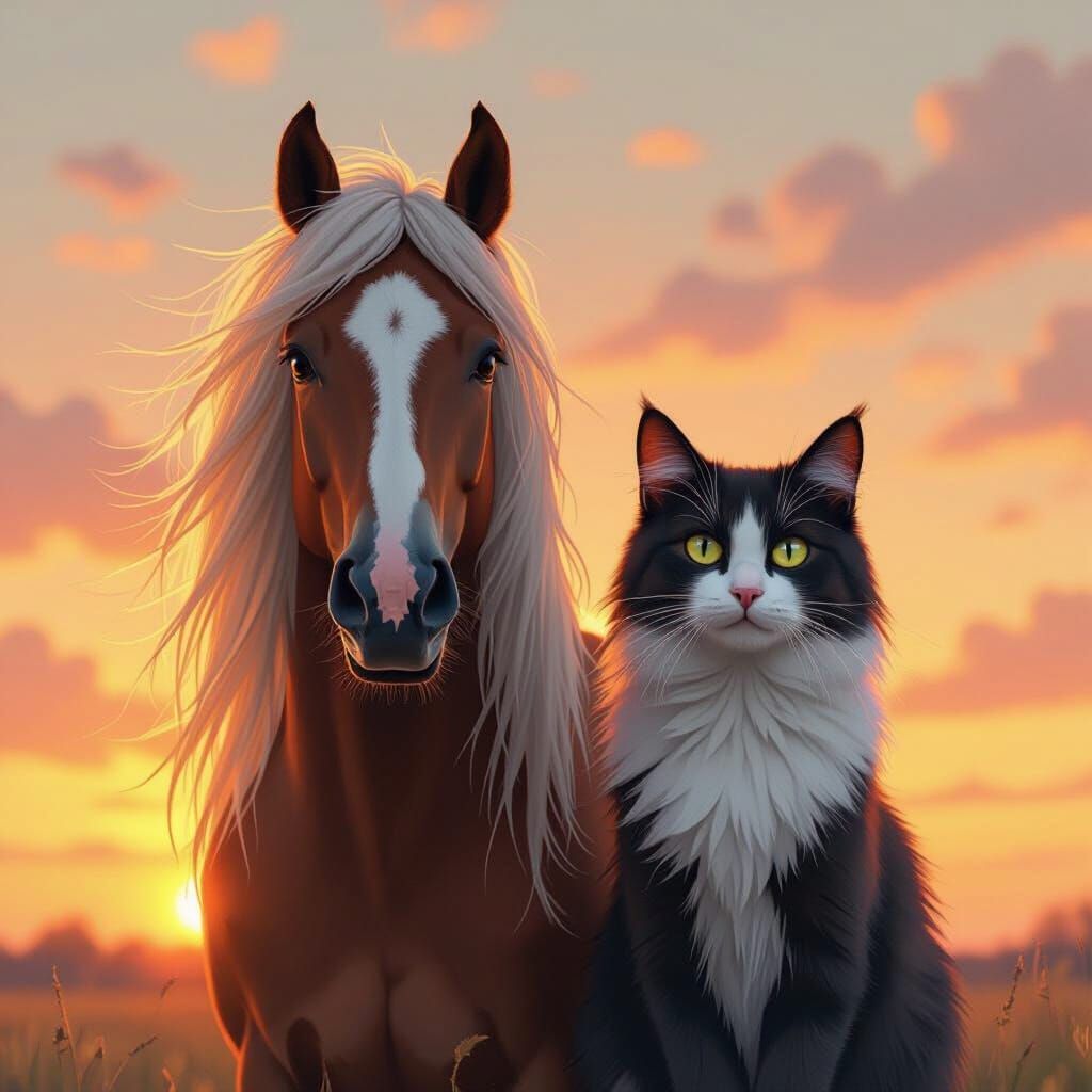 Horse and Cat Friendship in Digital Art Style