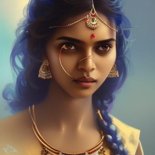 Indian Girl in Blue Saree: Detailed Portrait