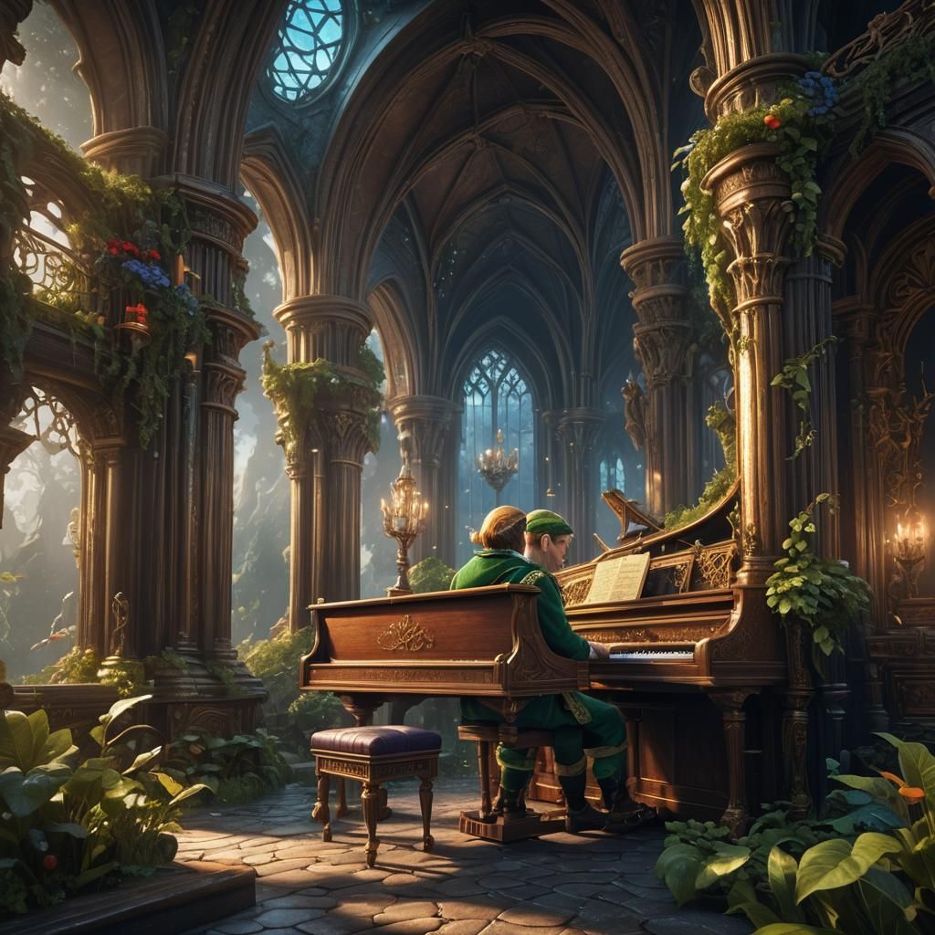Elf Plays Piano in Detailed Fantasy Art