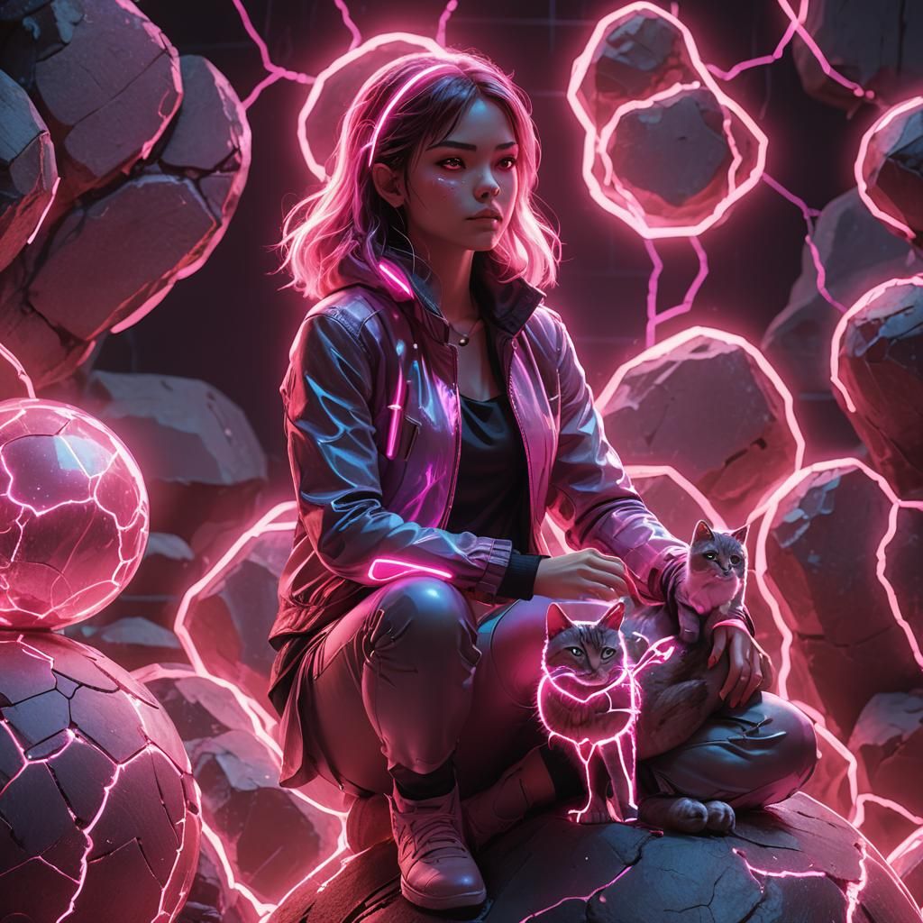 Stone Girl with Neon Aura in 3D Digital Art