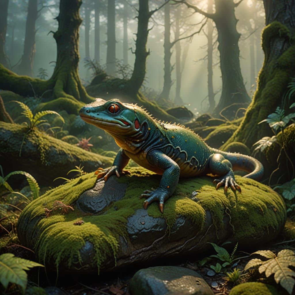 Mystical Salamander in Golden Misty Forest