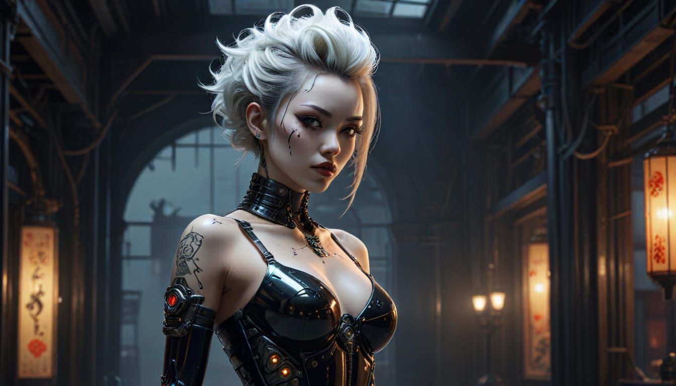Gothic Pinup Cyborg with Mohawk in Cyberpunk City