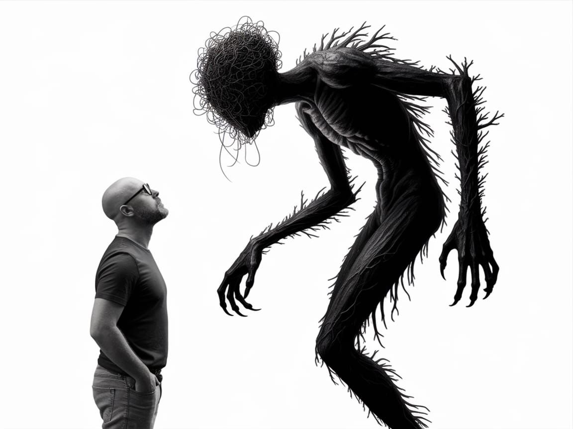 Man Confronts Shadow Monster in Black and White