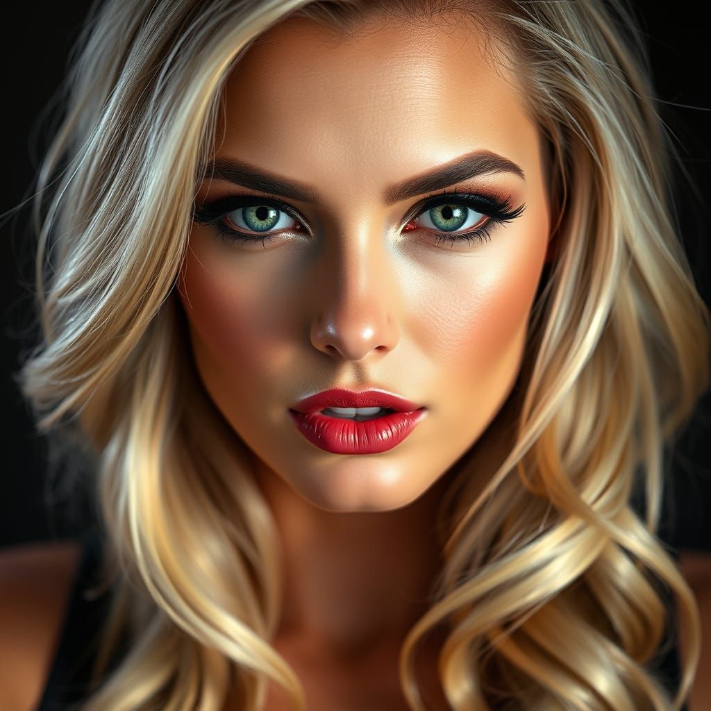 Sultry Green-Eyed Beauty with Bold Makeup and Confident Smil...