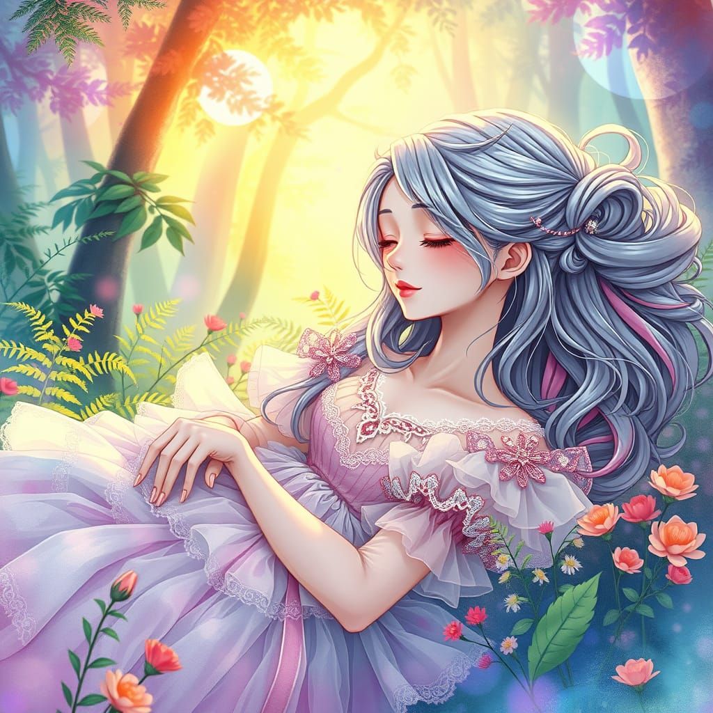 Whimsical Anime Princess in Vibrant Enchanted Forest