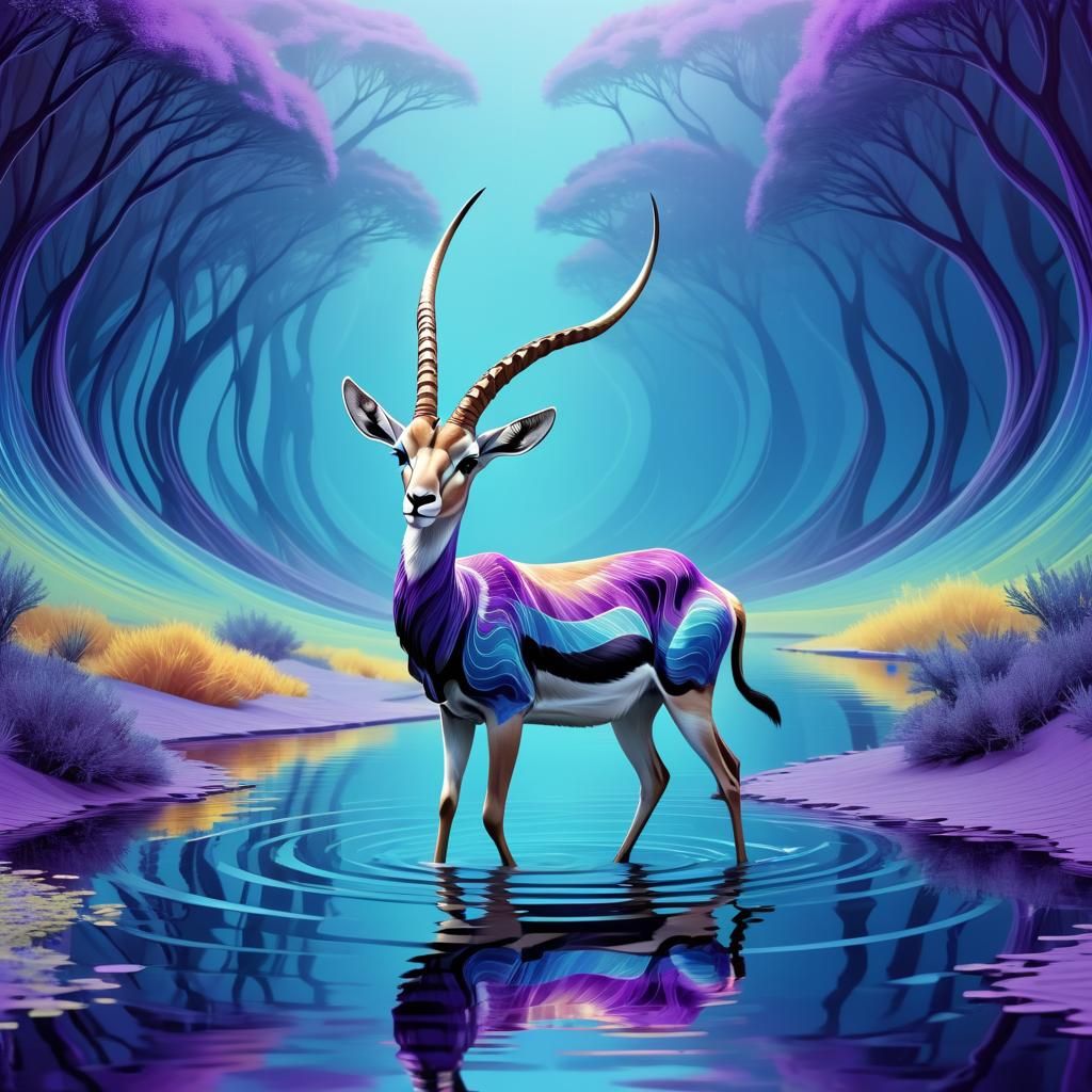 Purple Long Horned Gazelle in Reflective Pool
