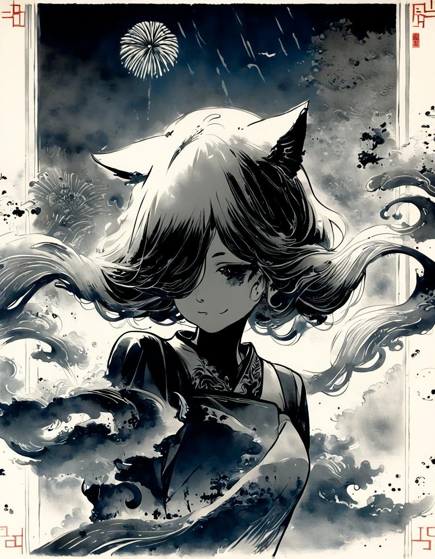 Shy Catgirl in Duotone Ukiyo-e Ink Wash