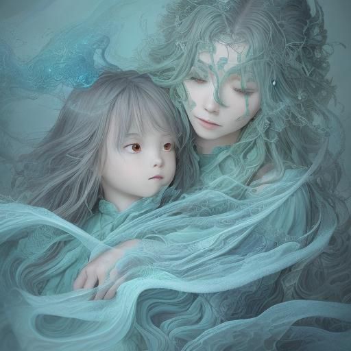 Ethereal Abstract: Mother and Child in Swirling Forms