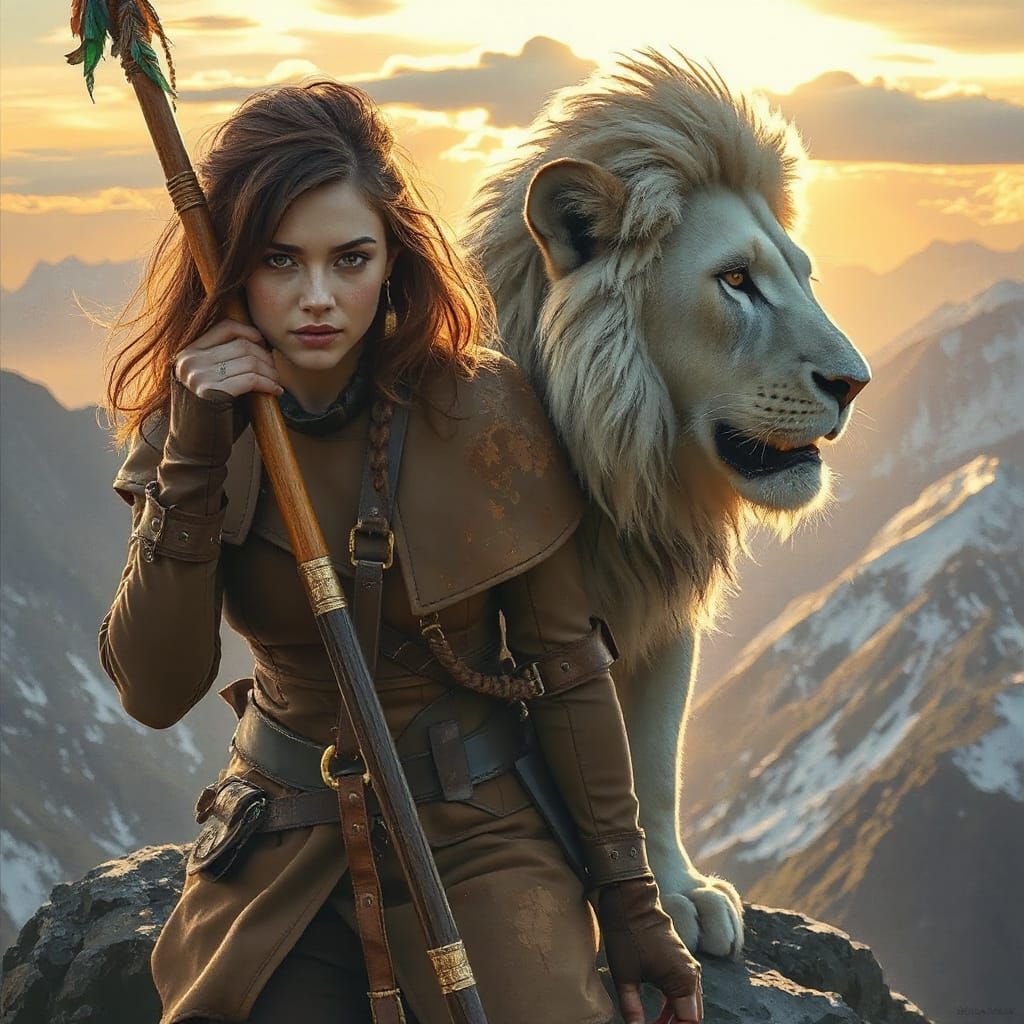 Female Traveler and Lion in Ethereal Golden Light
