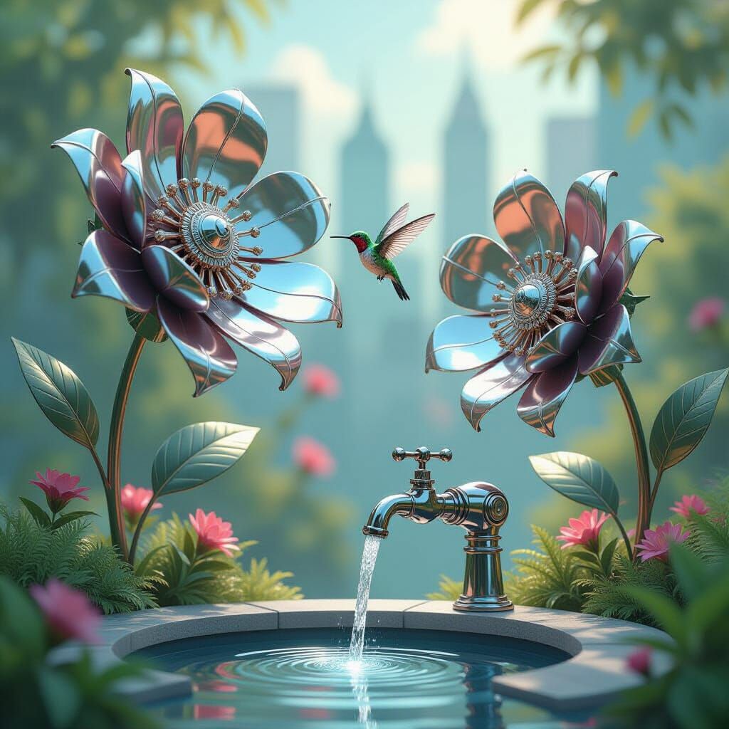 Whimsical Mechanical Garden with Robotic Hummingbird
