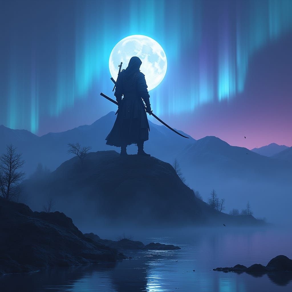 Dark Fantasy Samurai Under Blue Moonlight