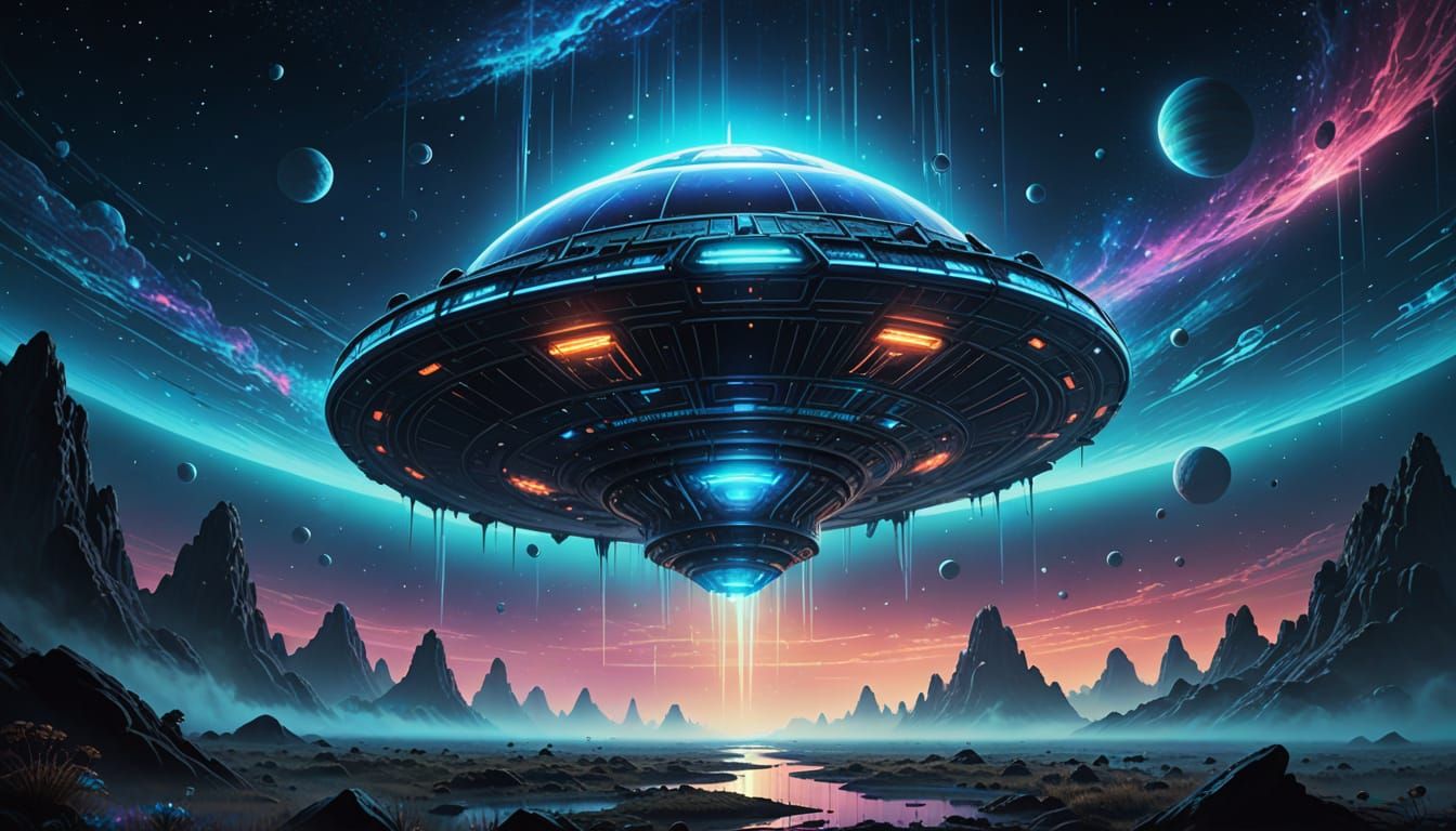 Alien Spaceship Drifting Through Cosmos in Surreal Style