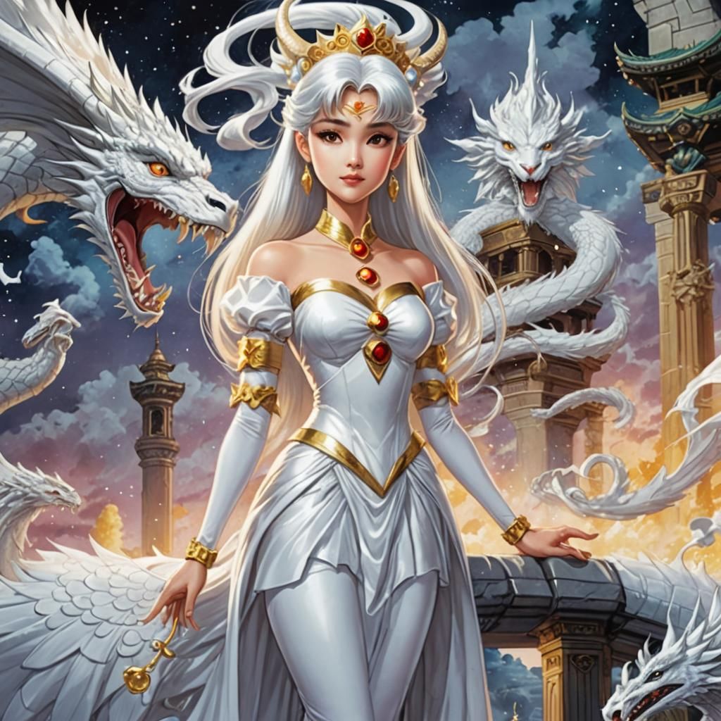Queen Serenity with White Dragon in Comic Art
