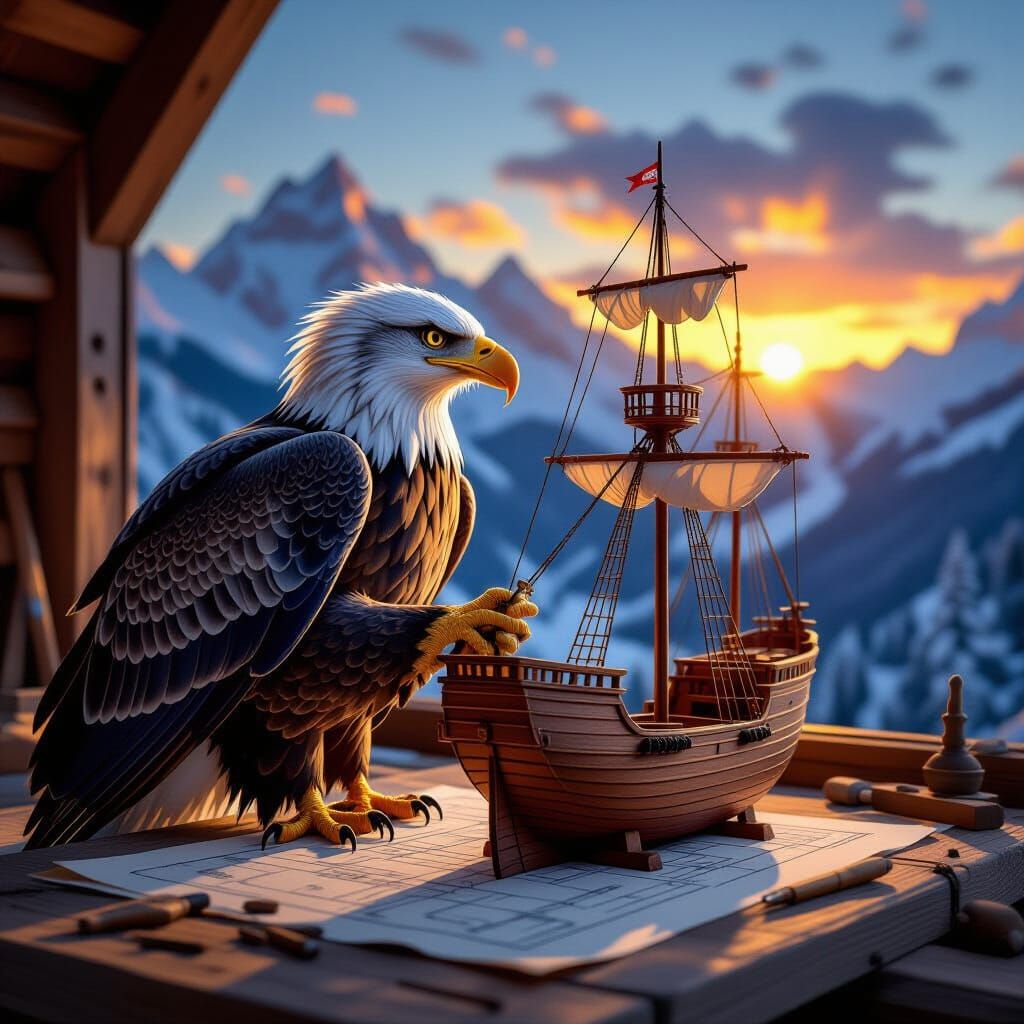Eagle Carves Ship Model in Mountain Aerie
