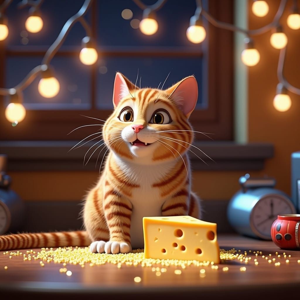 Ginger Cat and Mouse Share Cheese: 3D Digital Art