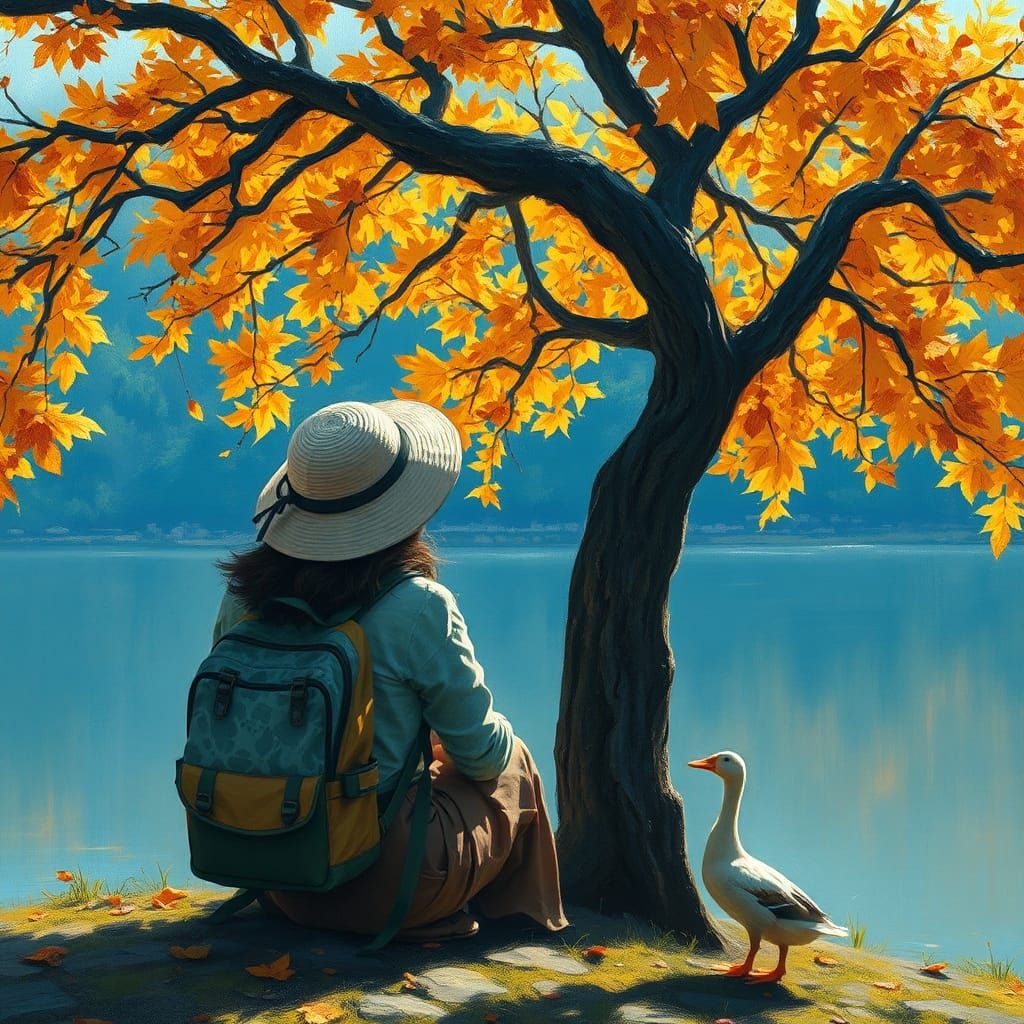 Woman Under Autumn Tree in Impressionist Oil Painting