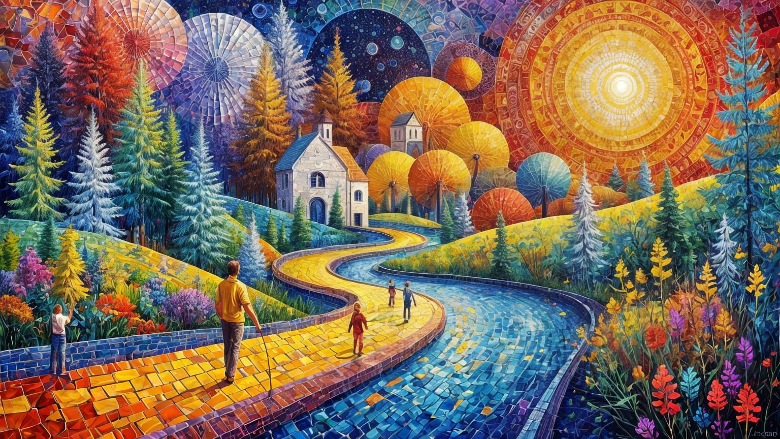 Vibrant Mosaic Art with Fractal Wave Patterns