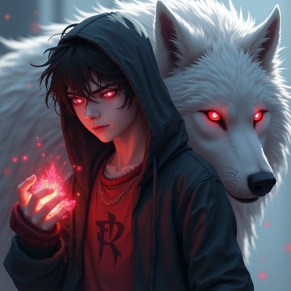 Mysterious Warrior with Dire Wolf Companion in Vibrant, Pris...