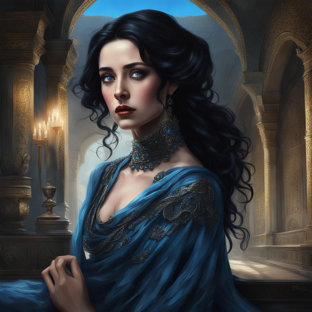 Elegant Noblewoman with Black Scarf: Detailed Matte Painting