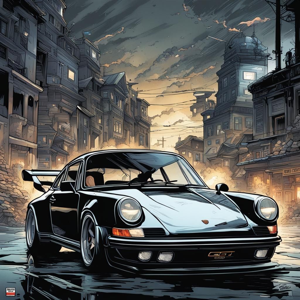 Black Porsche 911 GT in Comic Book Art