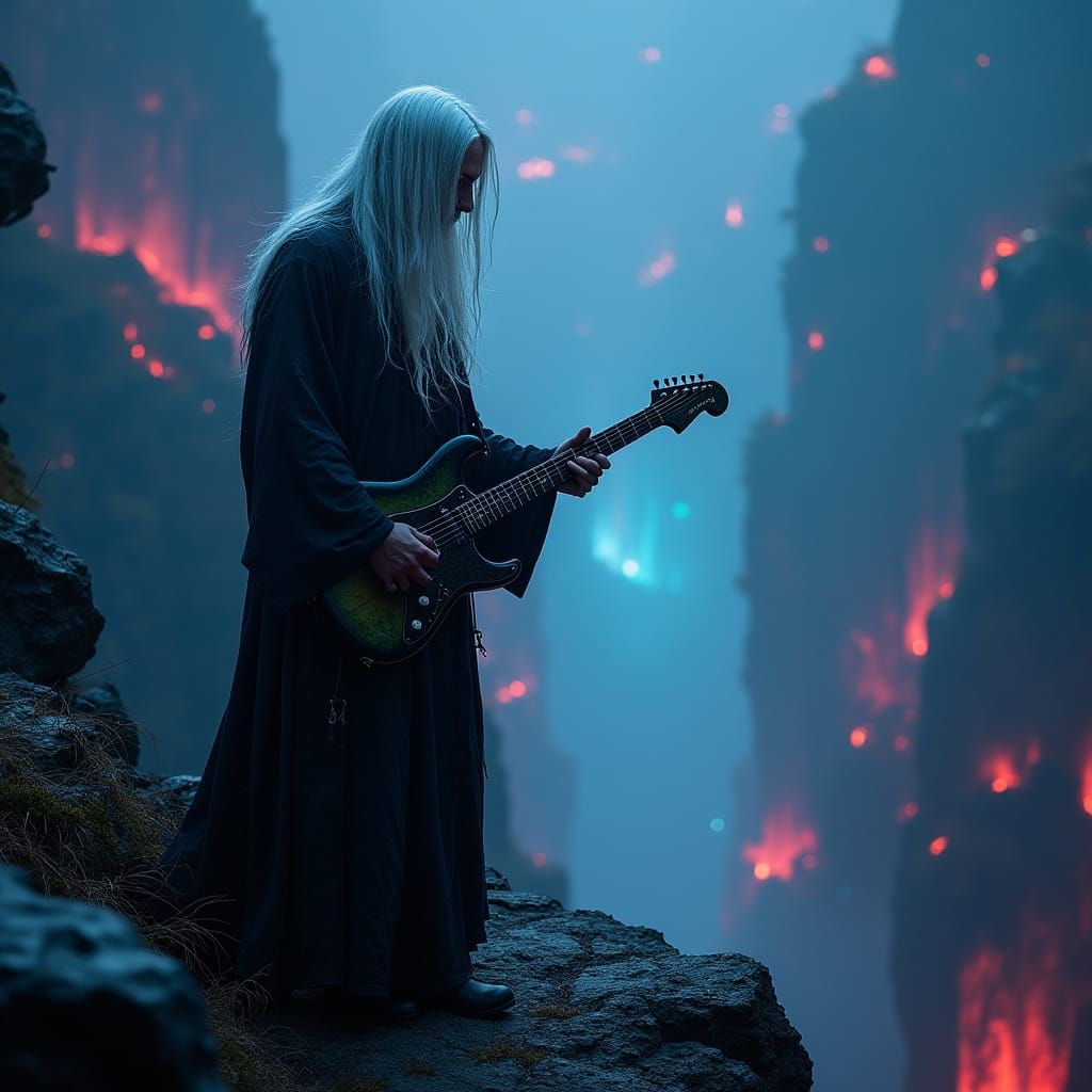 Electric Guitarist in Bioluminescent Forest, Blues Style