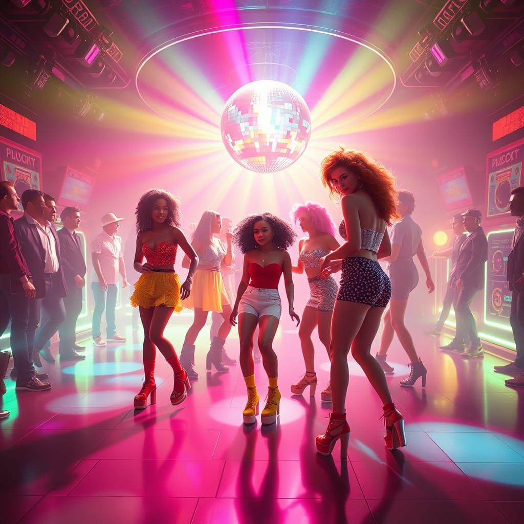Retro-Futuristic Disco Scene with Neon Lights