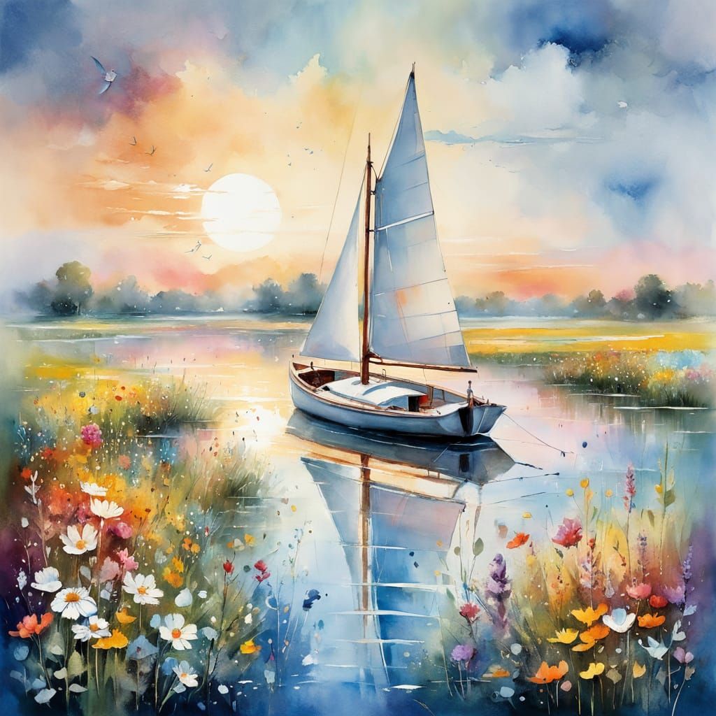 Sunset Sailing Boat Reflected, Watercolor Art