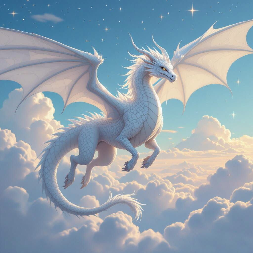 Majestic White Dragon Soaring Through a Starry Sky