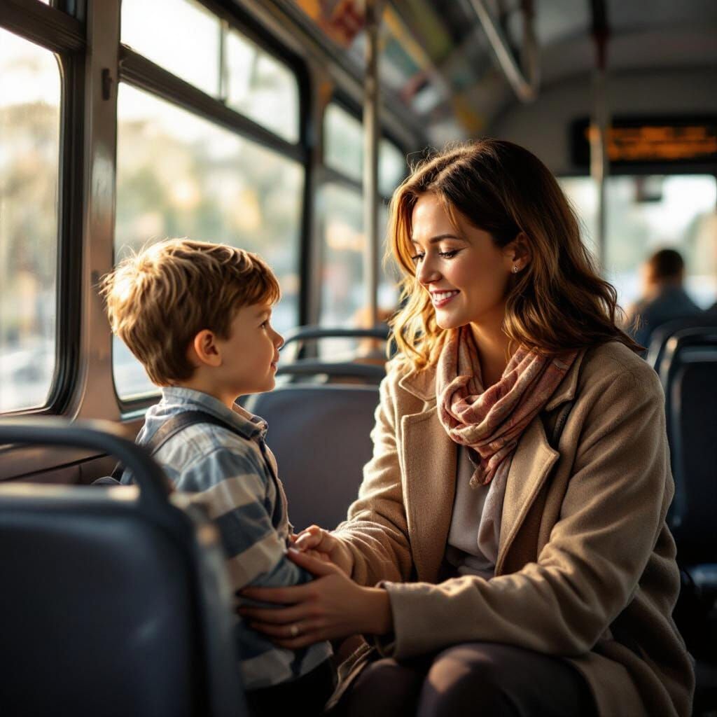 Boy Offers Bus Seat to Woman in Warm, Realistic Style