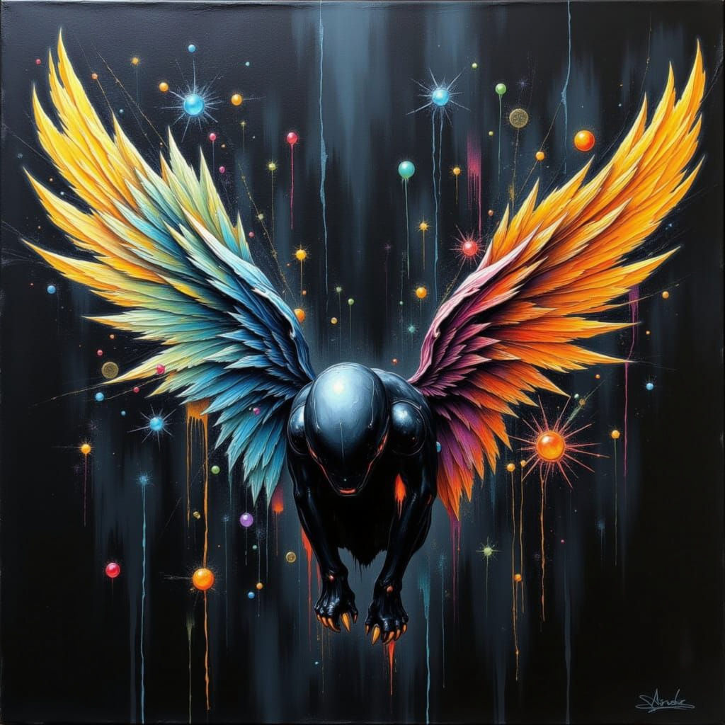 Abstract Impasto Wings on Black Canvas