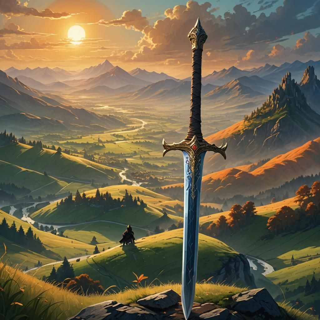 Fantasy Sword in Meadow at Sunset, Matte Painting
