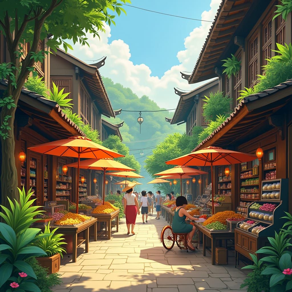 Lush Solarpunk Market Scene in Southeast Asia