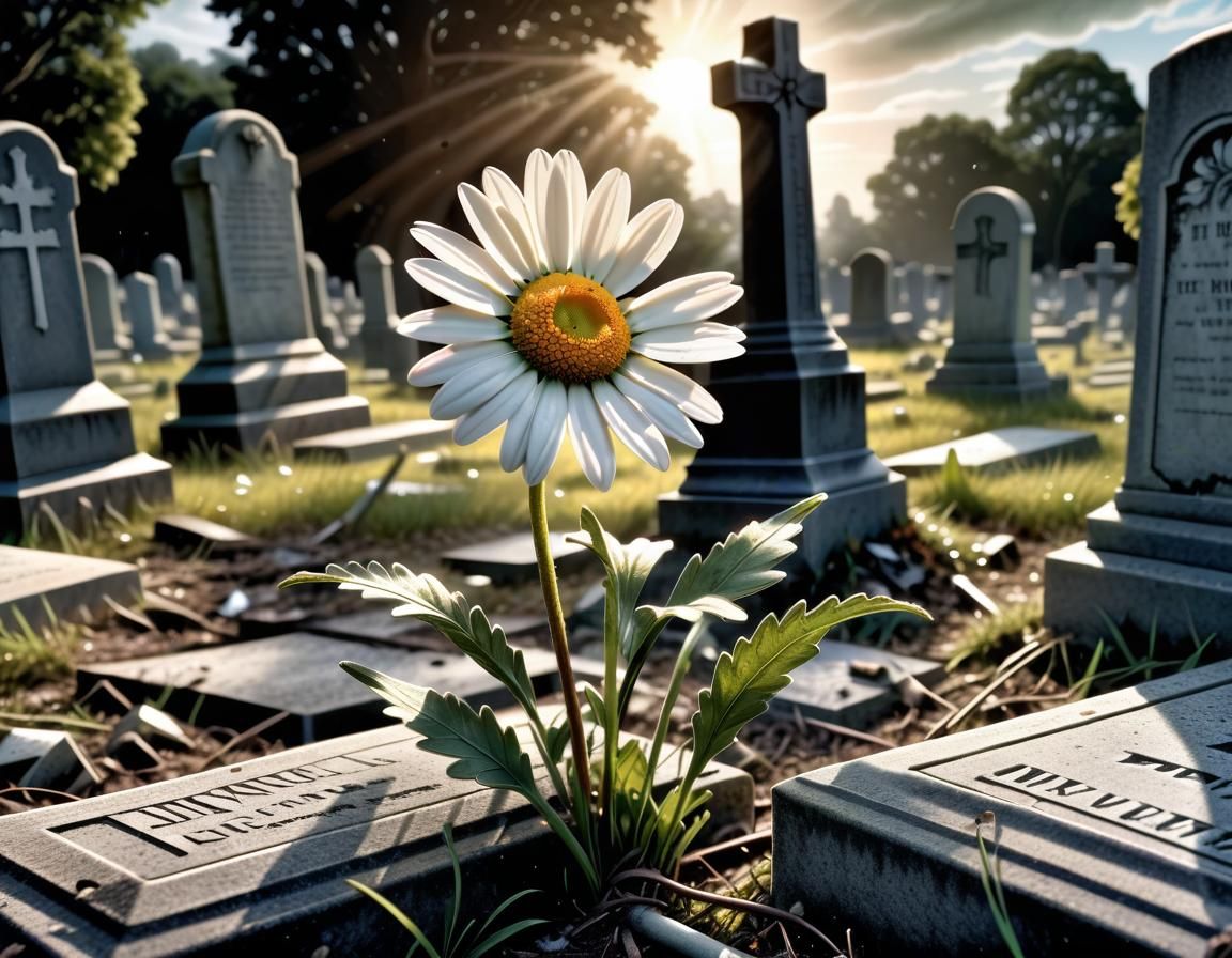 Daisy Blooms in War-Torn Cemetery: Comic Book Art