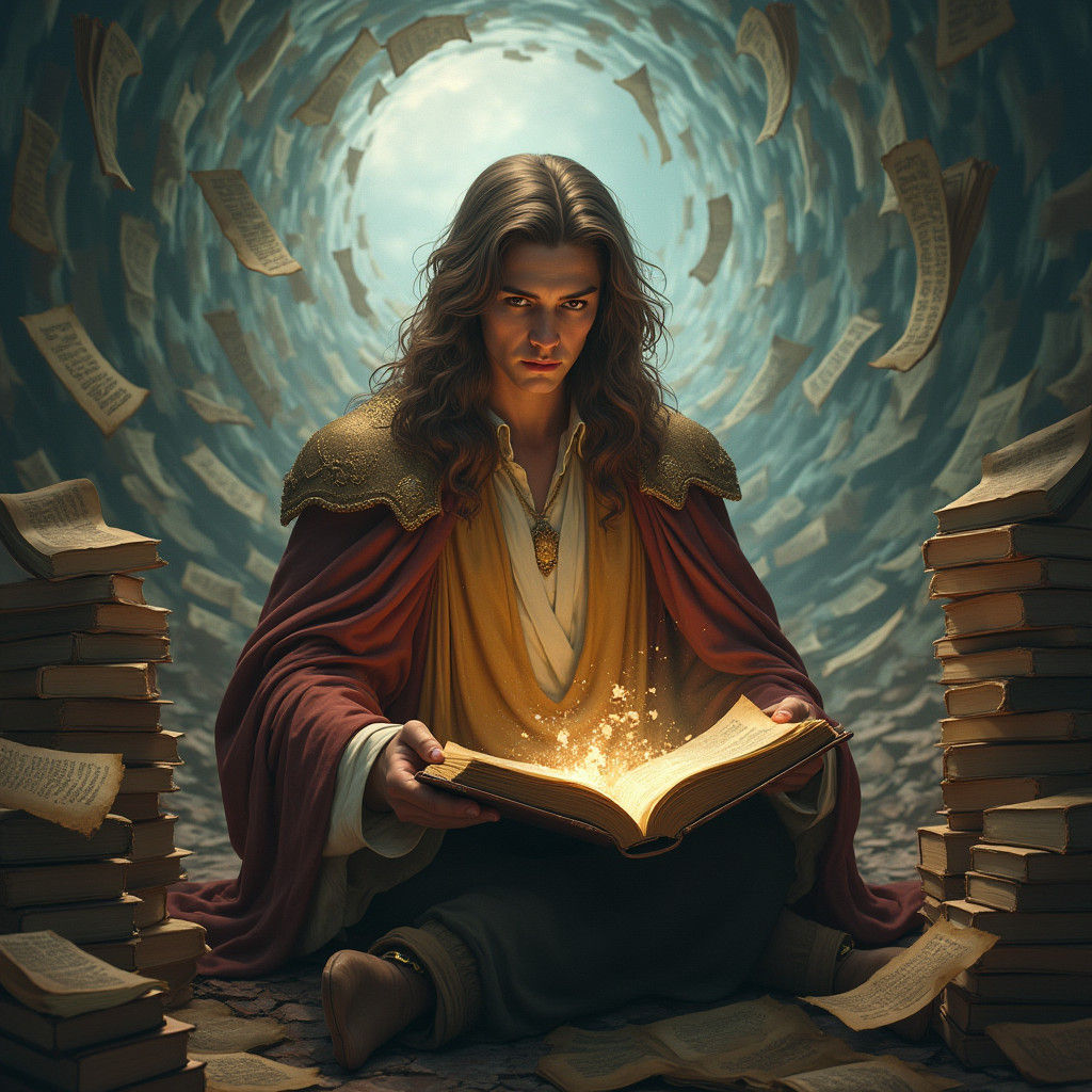 God of Reading Amidst Ancient Tomes: Fantasy Art