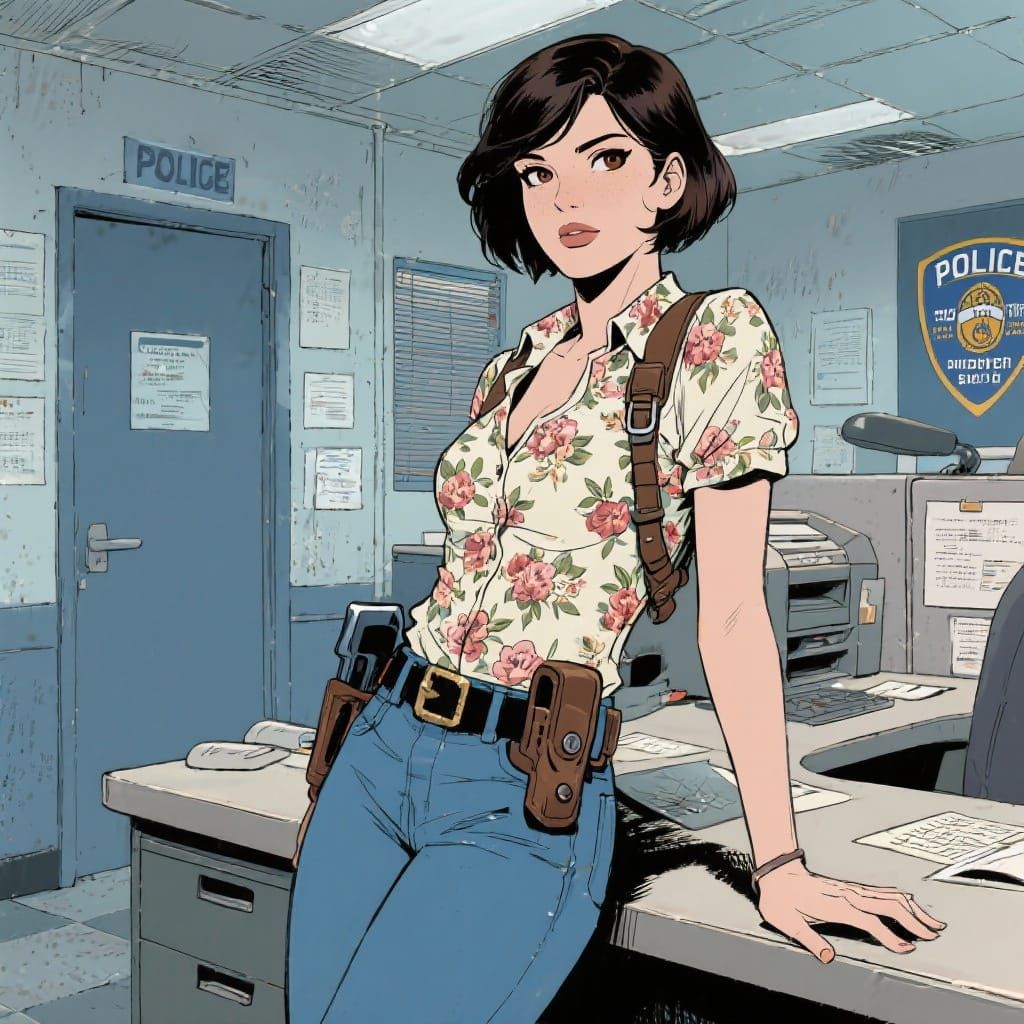 Comic Art of Woman in Police Station Office