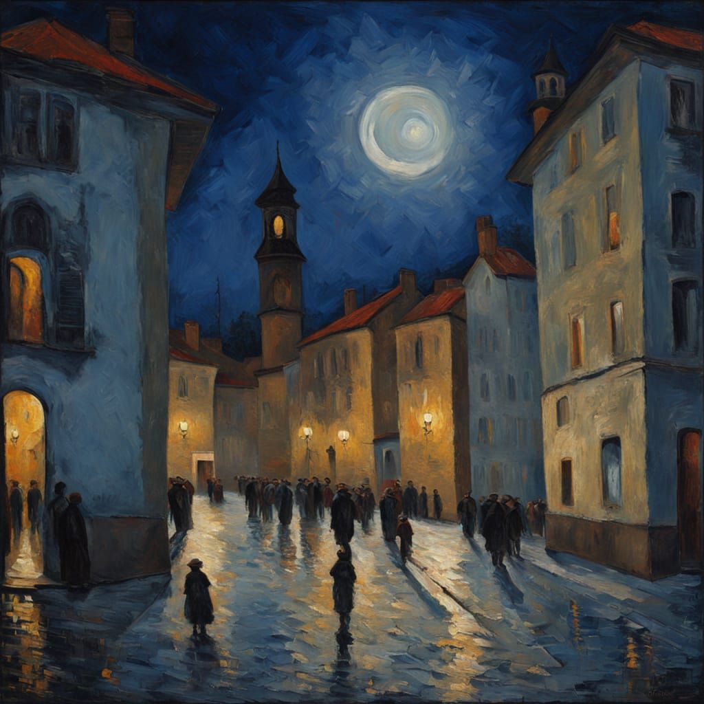 Neo-Impressionist Old Town Square Under Vibrant Moon
